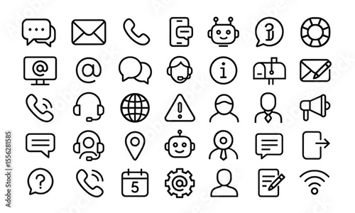 Contact UI icons set, customer support interface symbols, message, call, chat bot, help, correspondence pictograms, vector illustration, transparent background.