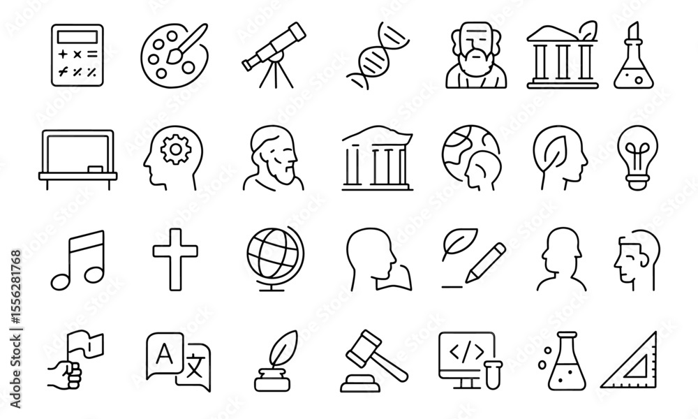 Fototapeta premium School subjects line editable icons set, modern thin line community space pictograms and infographics, vector illustration, educational interface icons, academic learning symbols.