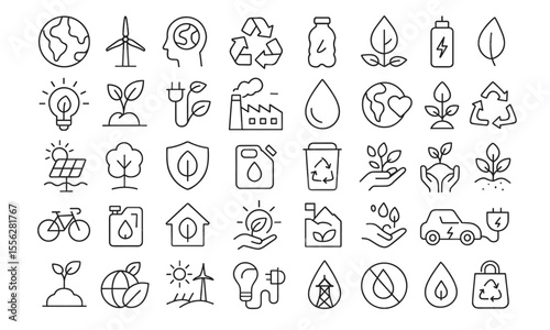 Ecology Editable Icons Set, modern thin line vector illustration of sustainability and environment icons: recycling, green energy, biodiversity, conservation, solar power, eco technology icons.