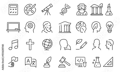 School subjects line editable icons set, modern thin line community space pictograms and infographics, vector illustration, educational interface icons, academic learning symbols.