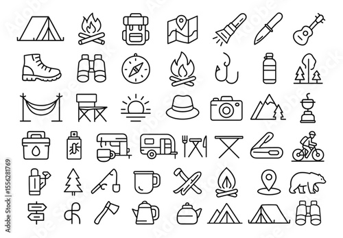 Camping Line Editable Icon Set, Outdoor Adventure Pictograms, Hiking, Fishing, Mountain Biking, Backpacking, Forest Exploration, River Canoeing, Camping Gear Icons, Vector Illustration.