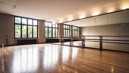 Spacious dance studio with wooden floors, large windows, and mirrors reflecting natural light