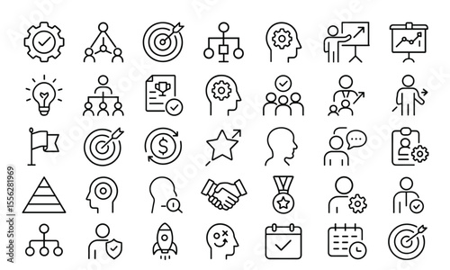 Management line icons set, editable vector illustration in modern thin line style, pictograms for leadership, team building, time management, business process visualization, UI png.