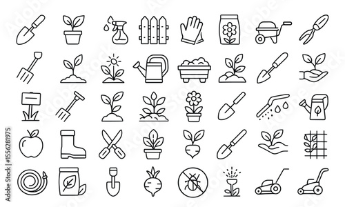 Gardening icon set vector illustration with modern thin line horticultural pictograms, including tools, pruning shears, watering can, wheelbarrow, greenhouse, transparent background.