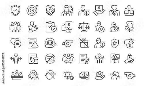 Business Ethics line editable icon set, modern thin line vector illustration for integrity, trust, transparency, empathy, ethical leadership, sustainable ethics icon pack.