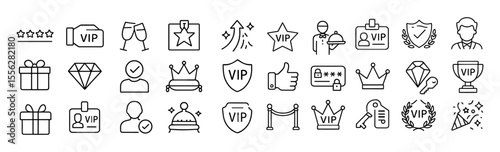 VIP Membership Icon Set, Luxury Service Badge, Crown Privilege Symbol, Diamond Loyalty Emblem, Premium Pass Graphics, Club Certification Mark, VIP app interface icons vector illustration.