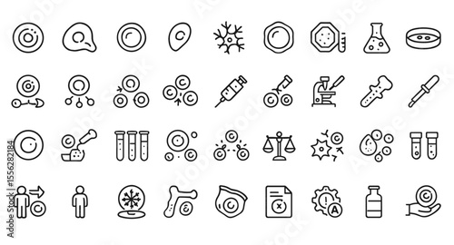 Stem Cell Therapy Line Editable Icons Set, Human Cell Types, Therapy Stages, Regenerative Medicine, Biotech Laboratory, Injection, Transfusion, Gene Therapy, Healing, Transparent Background