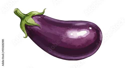 Watercolor Painting Displays A Fresh Eggplant With Detailed Green Stem Showcasing Vibrant Purple Hues And Watercolor Texture On A Clean White Background