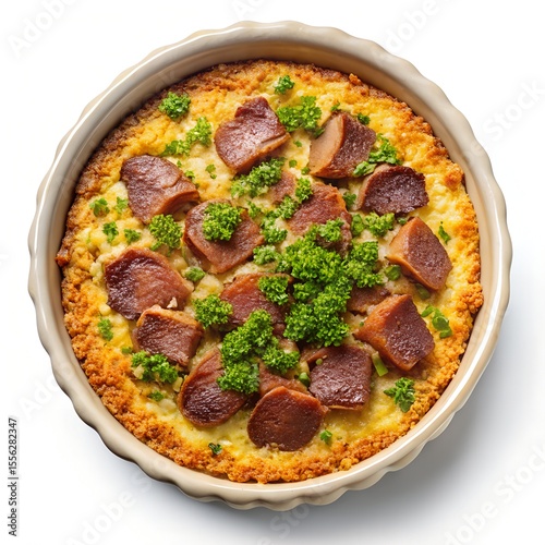 Brazilian escondidinho with sausage slices and fresh parsley topping