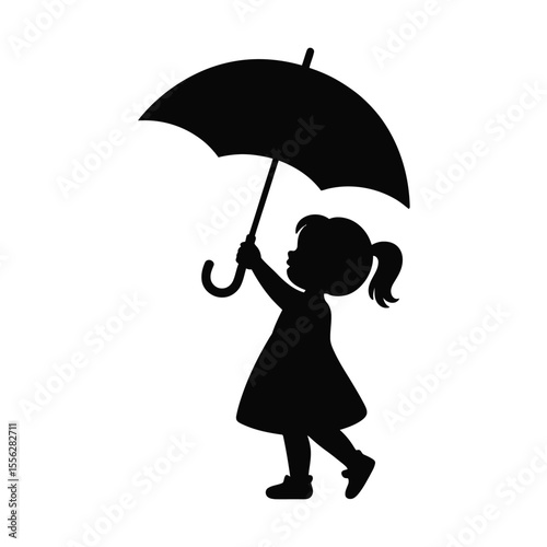 Silhouette of a little girl holding an umbrella on a white background