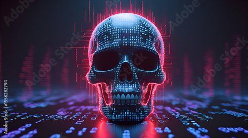 Digital Malware and Hacking Concept with Binary Skull and Neon Accents