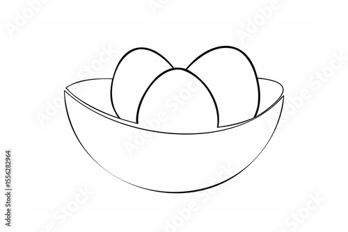Black and white line drawing of three eggs in a bowl