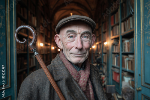 The Wise Keeper of the Literary Realm: A serene and venerable man, posed with a walking stick in hand, stands before a historical library, its shelves overflowing with knowledge.