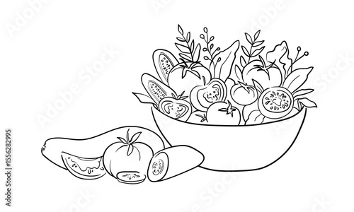 Vegetable salad, cucumbers, tomatoes, continious line drawing. Helthy food outline. Vector illustration isolated on white background
