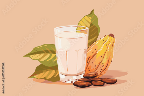 Vector illustration of cacao water in a glass and cacao fruit and beans with palm leaves on a peach backdrop