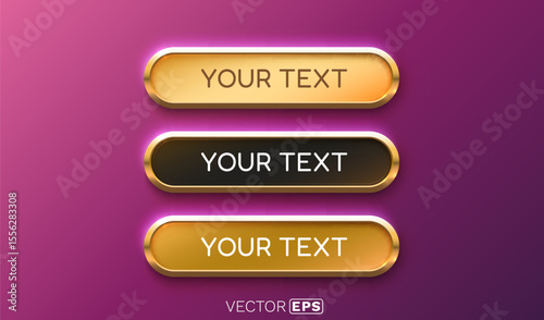 Golden frame label, set color, event bar button, gold signboard. Vector illustration