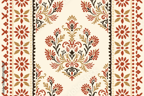 Ethnic Ikat Floral Damask Embroidery Pattern in Traditional Seamless Textile Style, Abstract Ornamental Fabric Illustration for Clothing, Wrapping and Decorative Fabric Design.
