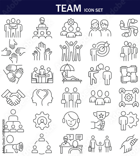 Teamwork, leadership, success, discussion, handshake, target, meeting, support, and communication icons for presentations, corporate branding, websites, and business projects.