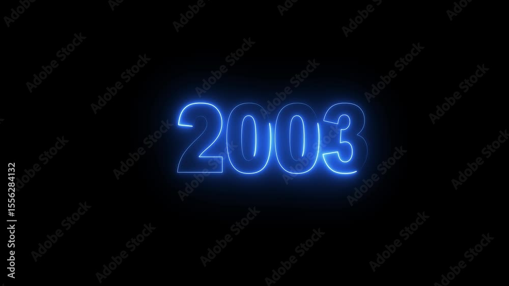 Glowing neon numeric text 2003 year countdown icon background 4k animation. cyan neon font alpha year. Neon year 2003 with alpha channel, Energy neon 2003 year.