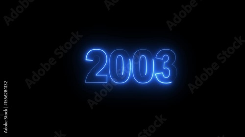 Glowing neon numeric text 2003 year countdown icon background 4k animation. cyan neon font alpha year. Neon year 2003 with alpha channel, Energy neon 2003 year.