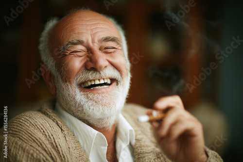 Joyful Serenity: A close-up view of a laughing senior man, exhaling smoke from a cigar. Radiating contentment and warmth, this portrait is the epitome of joyful serenity.