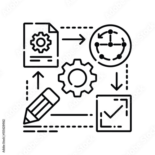 Workflow process automation icon with pencil document gear and checkmark