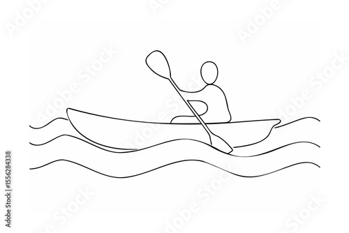 Black Line Drawing of Kayaker Paddling Boat on Wavy Water