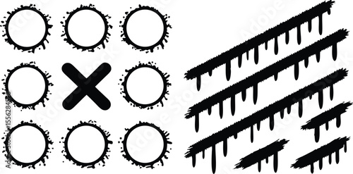 Handdrawn tic tac toe game elements including circles X marks dripping paint strokes