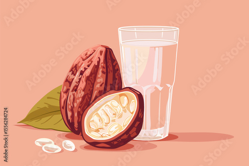 Vector illustration of cacao water in a glass and half of cacao fruit with palm leaves on a peach backdrop