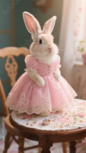 A rabbit dressed in a pink lace dress sitting on an ornate chair with floral cushion. photo