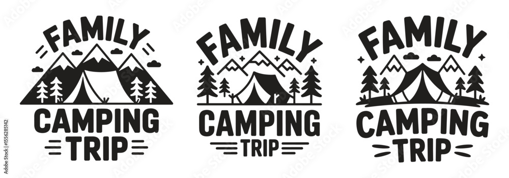 Fototapeta premium Minimalist Family Camping Trip Logo with Tent and Mountain Silhouette