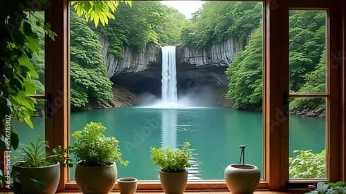 Waterfall view from a rustic window with plants, nature scene showcasing serenity and indoor greenery with an outdoor landscape.