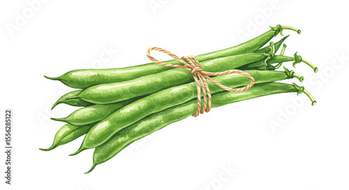 Watercolor Painting Presents A Tied Bundle Of Fresh Green Beans Against A Bright White Background Creating A Natural And Vibrant Depiction Of Produce