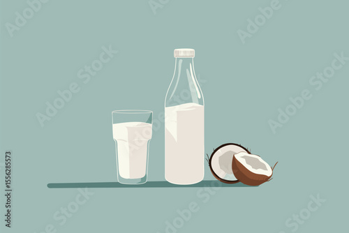 Vector illustration of coconut milk in a glass and bottle, split coconut on blue backdrop