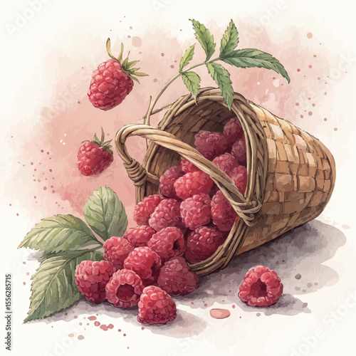 Raspberries in a wicker basket with curled stems. Hand-drawn in watercolor and charcoal. Soft tones, isolated on white.