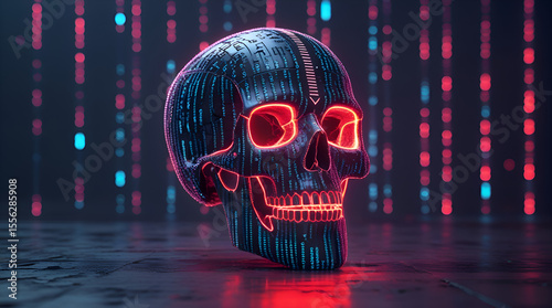 High-Contrast Skull Made of Binary Code Representing Cyber Attack Danger