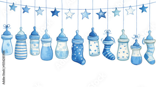Illustration featuring baby bottle elements for a baby shower invitation or celebration decor