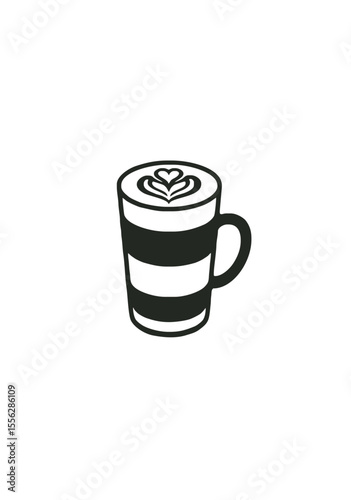 Silhouette Icon of a Coffee Cup with Latte Art in Heart Shape Representing Hot Beverage, Morning Routine, and Coffee Shop Culture
