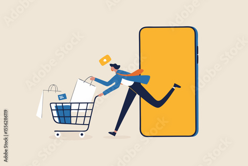 Online shopping or mobile shopping app concept, young man consumer holding credit cart pushing full of goods and box packages in shopping cart trolley running from website or app on mobile smart phone