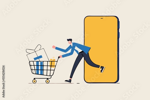 Online shopping or mobile shopping app concept, young man consumer holding credit cart pushing full of goods and box packages in shopping cart trolley running from website or app on mobile smart phone