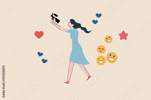 Blogger, vlog, influencer new digital age people broadcast or record their lifestyle to promote story on social media concept, beautiful young lady girl holding camera with love, like and happy sign.