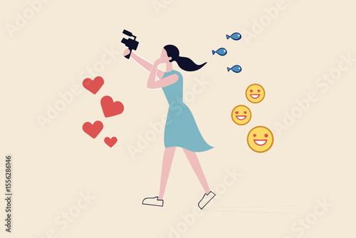 Blogger, vlog, influencer new digital age people broadcast or record their lifestyle to promote story on social media concept, beautiful young lady girl holding camera with love, like and happy sign.