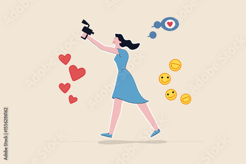 Blogger, vlog, influencer new digital age people broadcast or record their lifestyle to promote story on social media concept, beautiful young lady girl holding camera with love, like and happy sign.