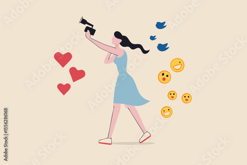 Blogger, vlog, influencer new digital age people broadcast or record their lifestyle to promote story on social media concept, beautiful young lady girl holding camera with love, like and happy sign.