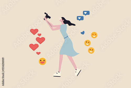 Blogger, vlog, influencer new digital age people broadcast or record their lifestyle to promote story on social media concept, beautiful young lady girl holding camera with love, like and happy sign.