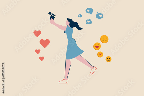 Blogger, vlog, influencer new digital age people broadcast or record their lifestyle to promote story on social media concept, beautiful young lady girl holding camera with love, like and happy sign.