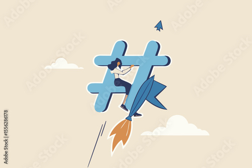 Online trend, popular hashtags or social media talk, digital marketing or advertising strategy concept, young woman marketer using laptop computer on moving hashtag with rocket booster.
