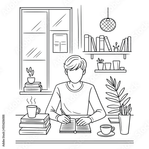 Black and white hand-drawn vector of a person working at tidy desk with coffee cup, books, and minimal outline style illustration
