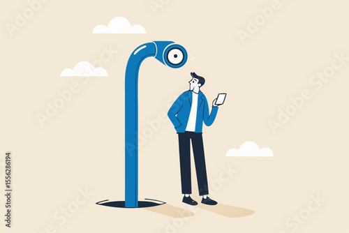 Mobile privacy, app that tracking all user behaviors for marketing, data protection or spyware concept, young adult man using mobile app or smart phone and found periscope watching him from behind.