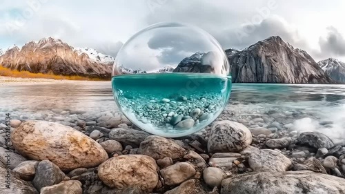 Captivating crystal orb revealing mountain scenery with rocky shore reflection